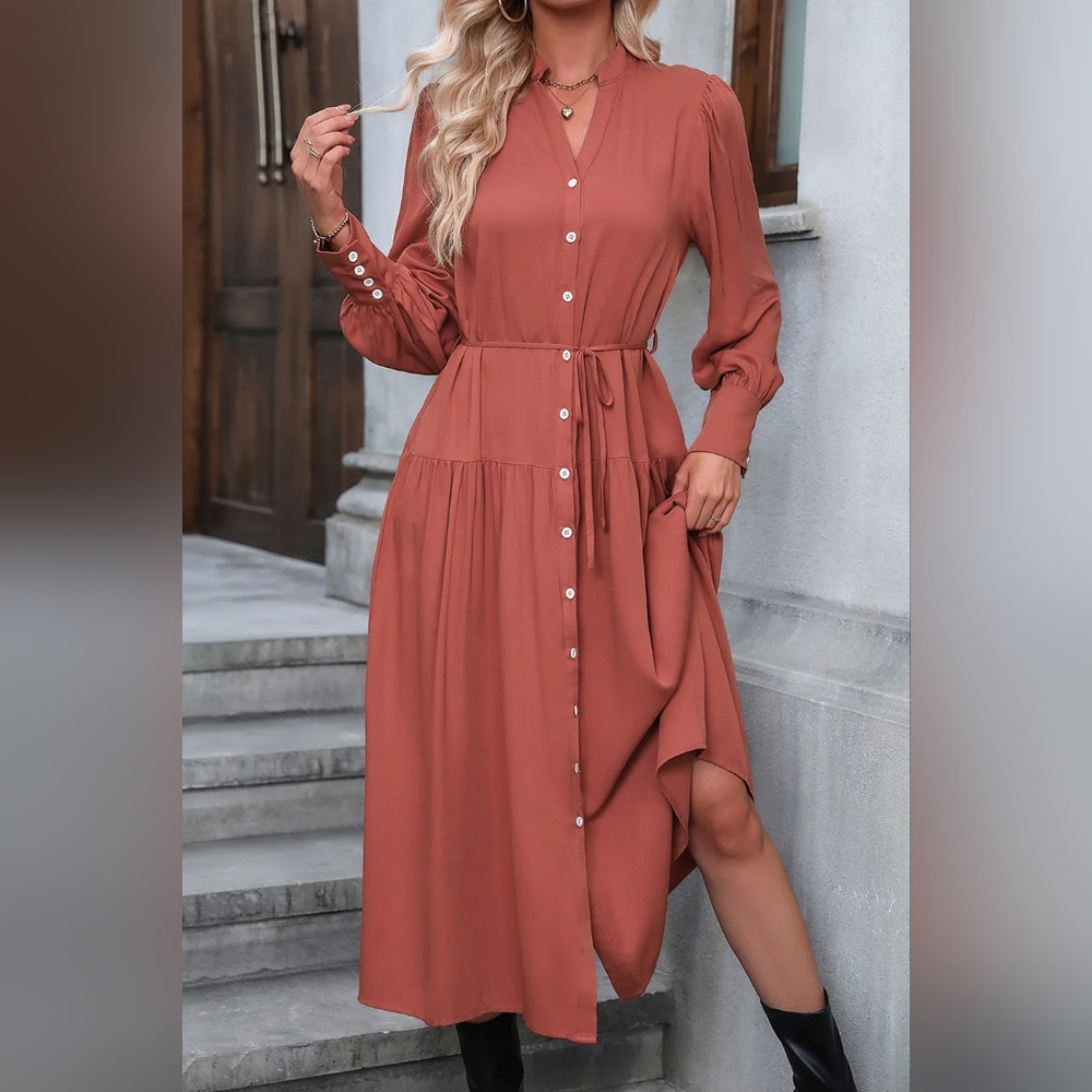 NWT - Boutique - Button Down Notched Neck Red Orange Midi Dress - Size L - Picture 3 of 8